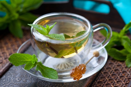 Cup of tea with mint leaves and sugar stir stickの写真素材