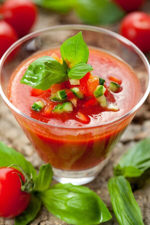 delicious cold Gazpacho soup in glassの写真素材