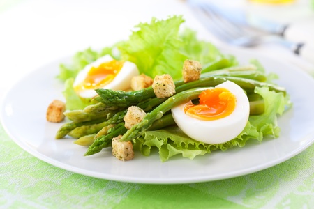fresh salad with asparagus,eggs and croutonsの写真素材
