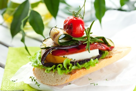 Grilled vegetables with cheese on toastの写真素材