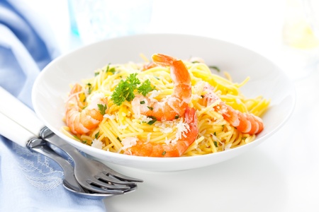 Spaghetti with prawns,cheese and herbsの写真素材