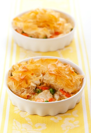 Creamy mustard chicken pot pie with vegetables  and filoの写真素材