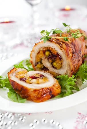 Turkey breast stuffed with cranberry,apricot and pistachio for Christmasの写真素材