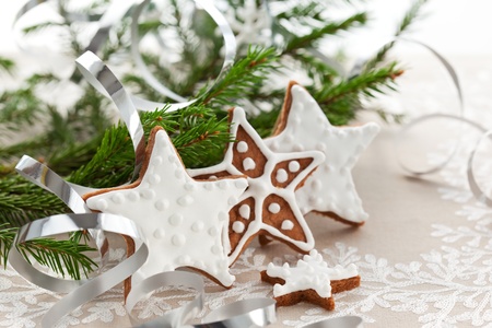 Homemade Christmas cookie stars with decorationの写真素材