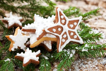 Homemade Christmas cookie stars with decorationの写真素材