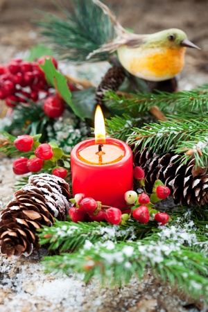 Christmas decoration: fir sprig,candle, cones and berries in snowの写真素材