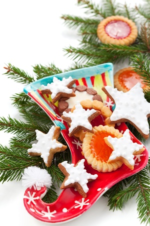 Christmas stocking with Christmas cookiesの写真素材