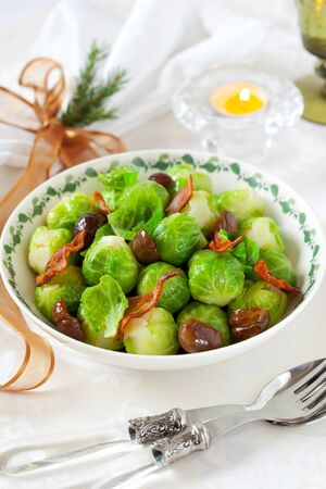 brussels sprouts with bacon and chestnuts for christmasの写真素材