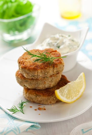 Cod Fish Cakes with sauceの写真素材