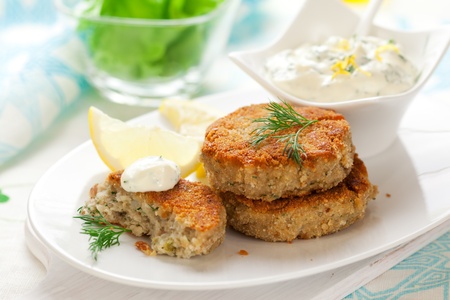 Cod Fish Cakes with sauceの写真素材