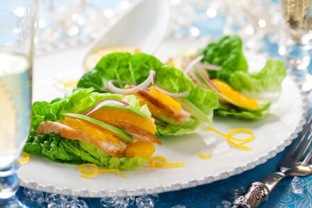 Chicken salad on lettuce leaves for holidayの写真素材