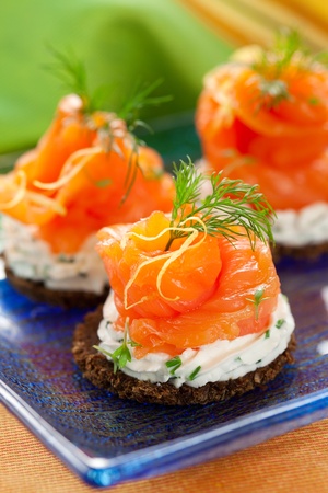 Canapes with smoked salmon and cream cheeseの写真素材