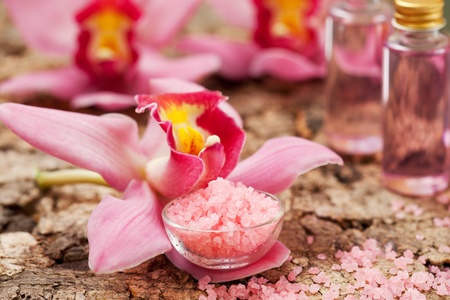 still life with sea salt and orchidの写真素材