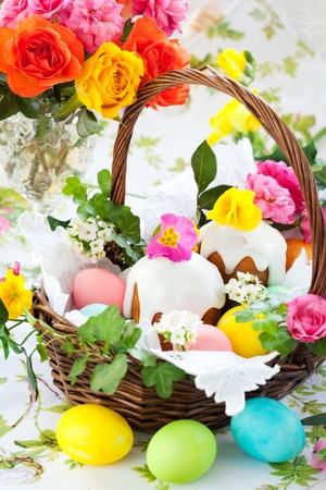 Easter basket with  eggs,cake and flowersの写真素材