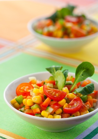 fesh vegetable salad with corn,carrot,tomato,cucumber and sweet pepperの写真素材