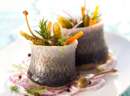 Herring rolls with pickled vegetableの写真素材