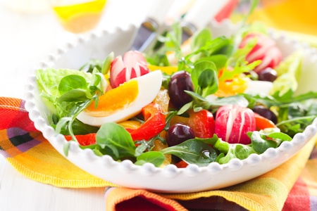 spring salad with grilled pepper,radish,olive and eggの写真素材