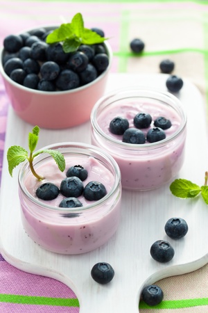 fresh fruit yogurt with blueberriesの写真素材