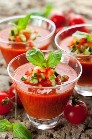 delicious cold Gazpacho soup in glassesの写真素材