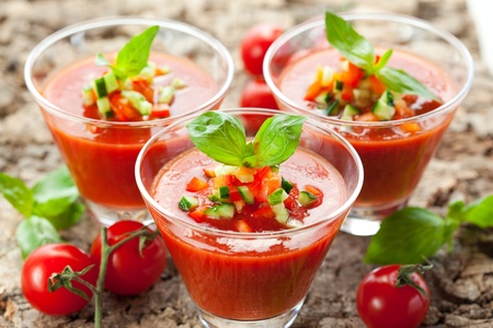 delicious cold Gazpacho soup in glassesの写真素材