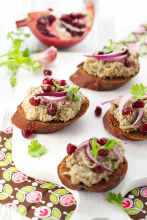 Aubergine caviar with onion,pomegranate and walnutの写真素材