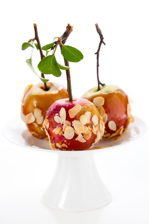 Caramel apples with nut coating on a wooden stickの写真素材