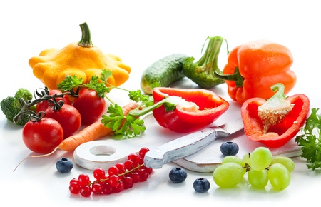 Fresh vegetables,fruits and berries on the white backgroundの写真素材