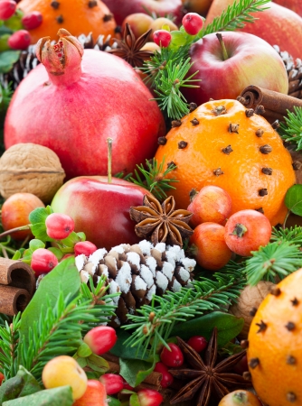 Christmas background with fruits, berries,nuts and spicesの写真素材