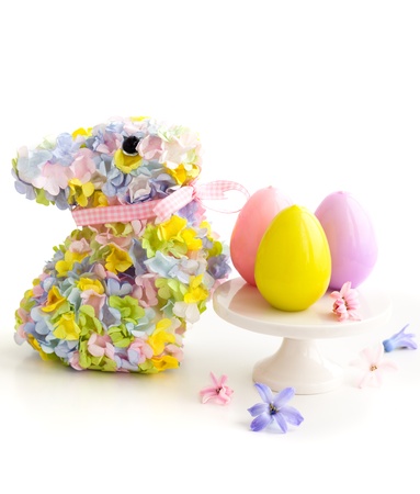 Festive Easter Table with rabbit,flowers and eggsの写真素材