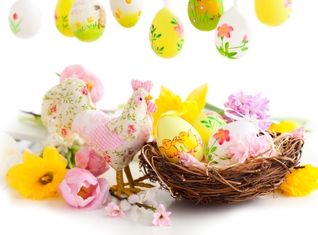 easter decoration with eggs,chicken and flowersの写真素材