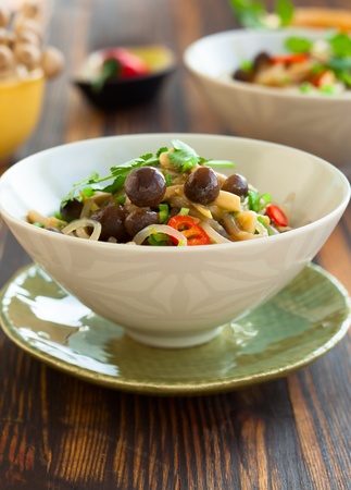 Shirataki noodles with mushroomsの写真素材