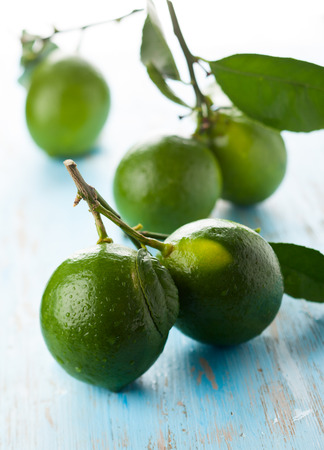 fresh lime with leavesの写真素材