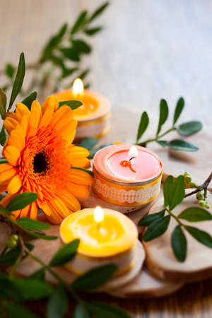 still life with candles and  flowersの写真素材