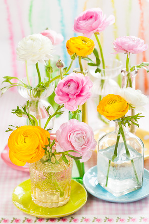 Beautiful colorful ranunculus in  glass bottlesの写真素材
