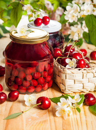 Jars of homemade fruit preservesの写真素材