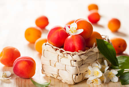 baskets with fresh ripe apricotsの写真素材