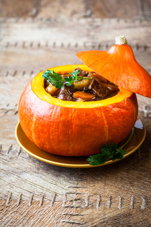 Beef stew with vegetables  in pumpkinの写真素材