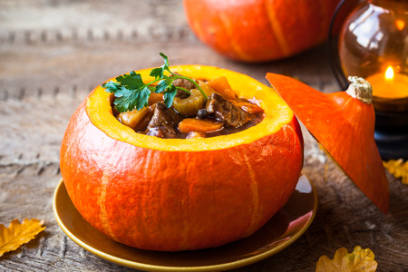 Beef stew with vegetables  in pumpkinの写真素材