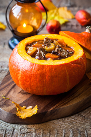 Beef stew with vegetables  in pumpkinの写真素材