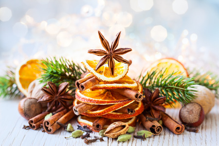 Christmas tree made out of dried oranges,cinnamon sticks and anise starの写真素材