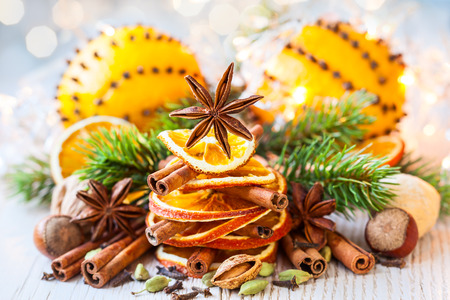 Christmas tree made out of dried oranges,cinnamon sticks and anise starの写真素材