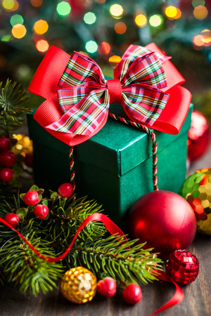 Christmas gift box with decorationsの写真素材