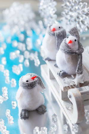 Christmas sleigh with funny penguinsの写真素材