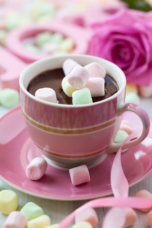 Hot chocolate and marshmallow in a cup for Valentines dayの写真素材