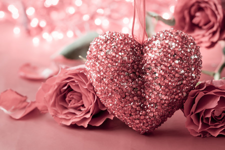 Valentines Day background with heart and roses. Vintage styleの写真素材