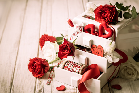 White box with various  decorations  for Valentineの写真素材