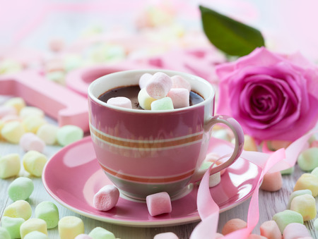 Hot chocolate and marshmallow in a cup for Valentines dayの写真素材