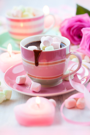 Hot chocolate and marshmallow in a cup for Valentines dayの写真素材