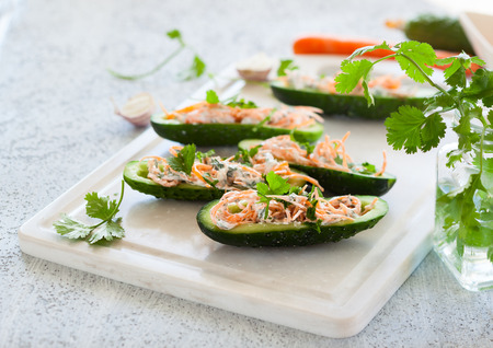 Fresh cucumber stuffed with carrot,cheese and garlicの写真素材