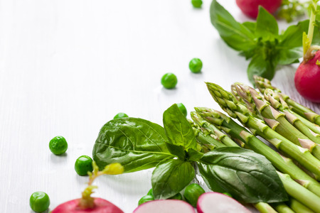 Fresh vegetables on the white wooden tableの写真素材